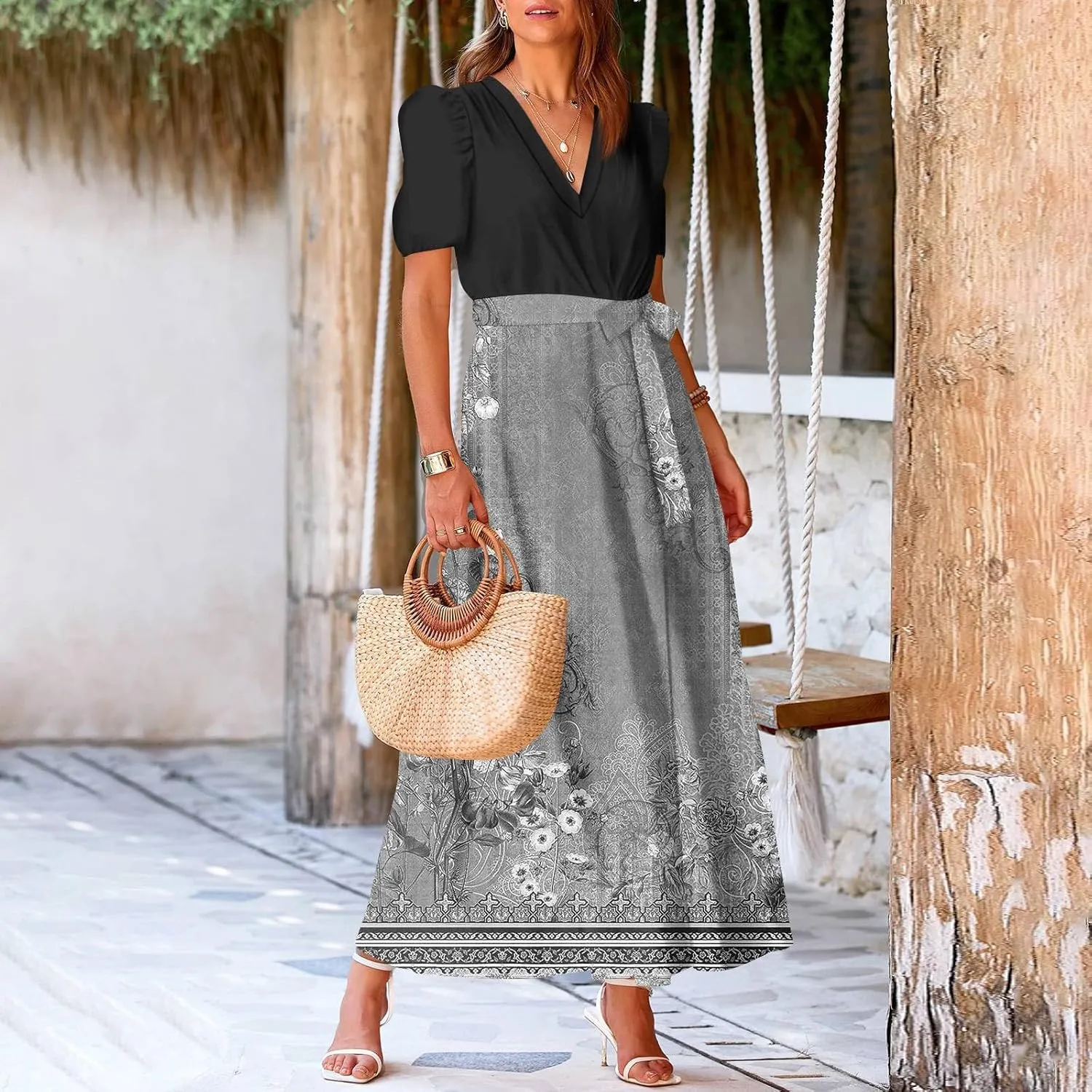 Summer Dresses for Women Short Sleeve Flowy Dress V Neck Elegant Maxi Dress with Belt Split Long Dresses