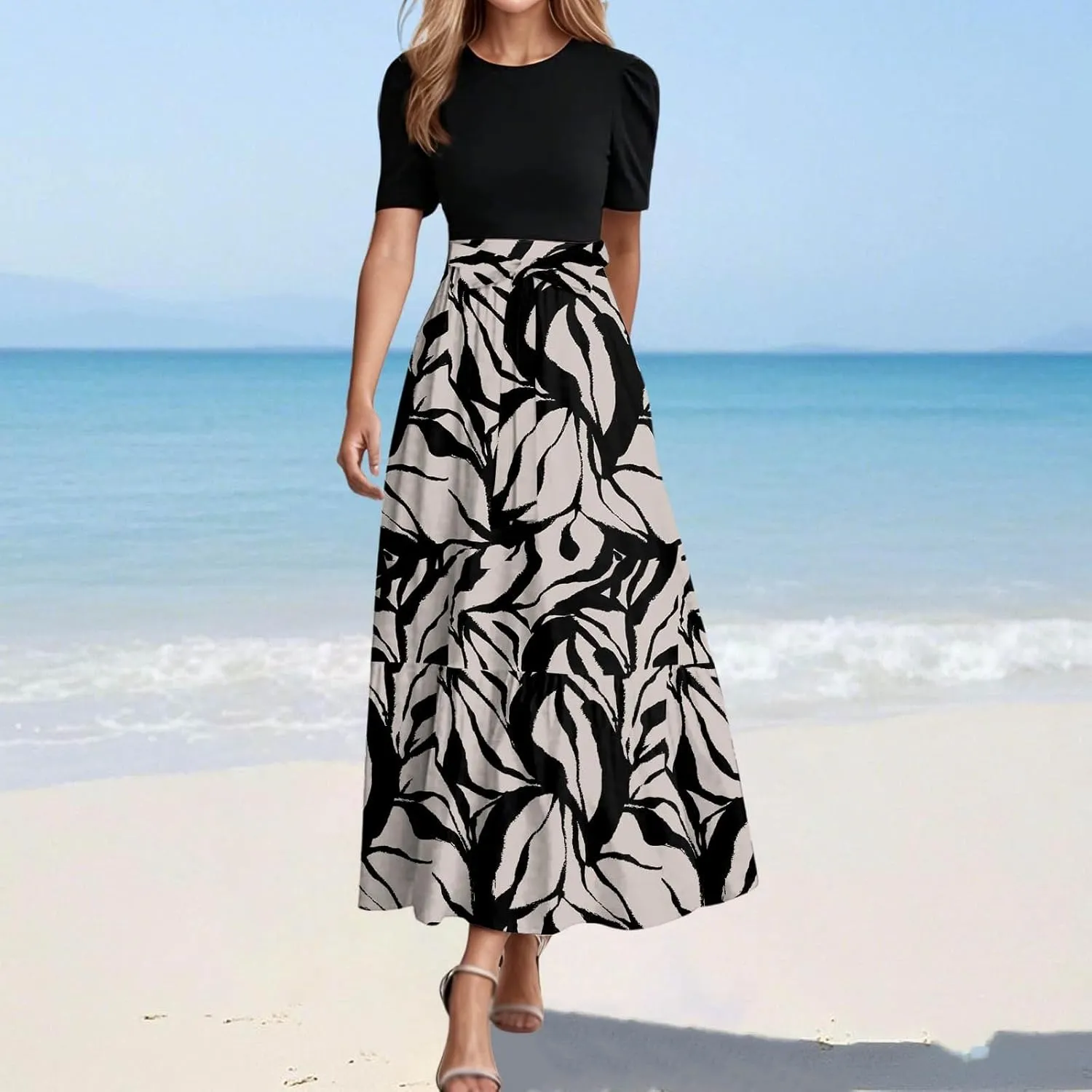 Summer Dresses for Women Tie Belted Patchwork Ruffle Hem A Line Boho Maxi Dress Short Sleeve Crewneck Flowy Long Dress
