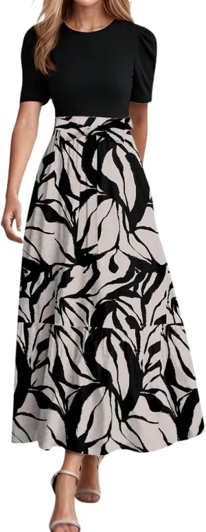 Summer Dresses for Women Tie Belted Patchwork Ruffle Hem A Line Boho Maxi Dress Short Sleeve Crewneck Flowy Long Dress