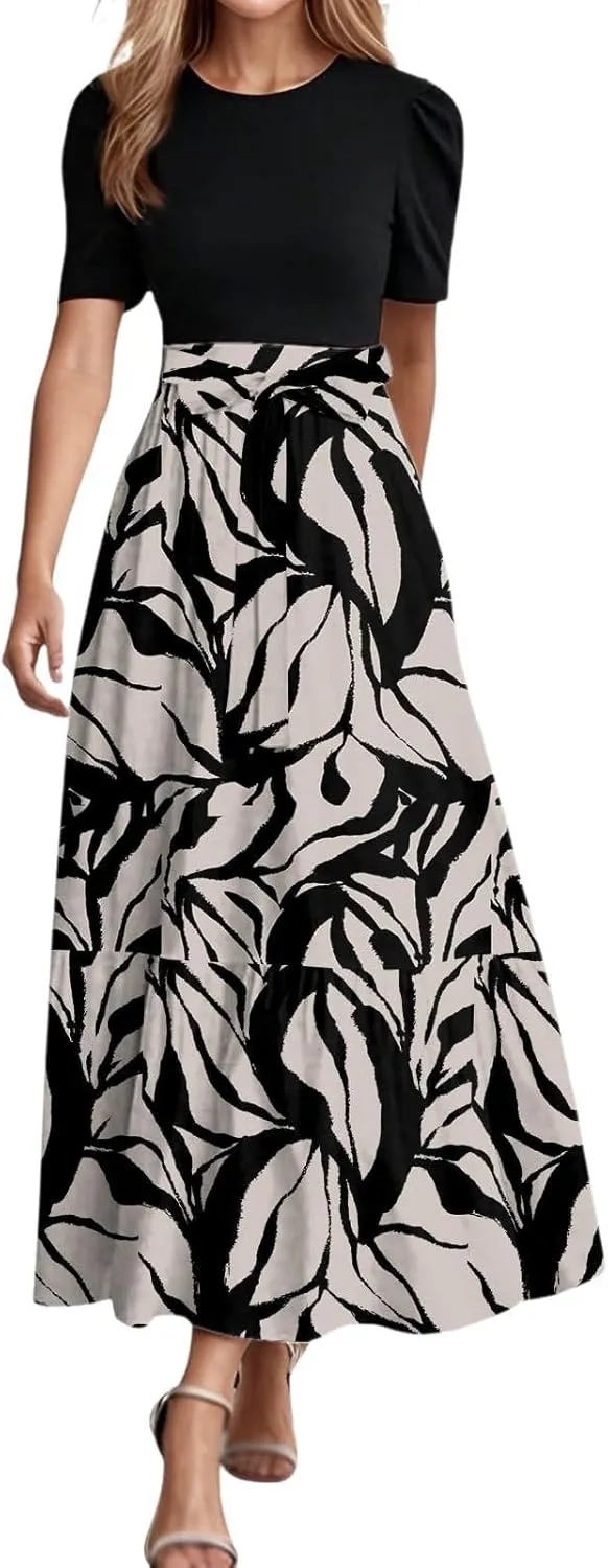 Summer Dresses for Women Tie Belted Patchwork Ruffle Hem A Line Boho Maxi Dress Short Sleeve Crewneck Flowy Long Dress