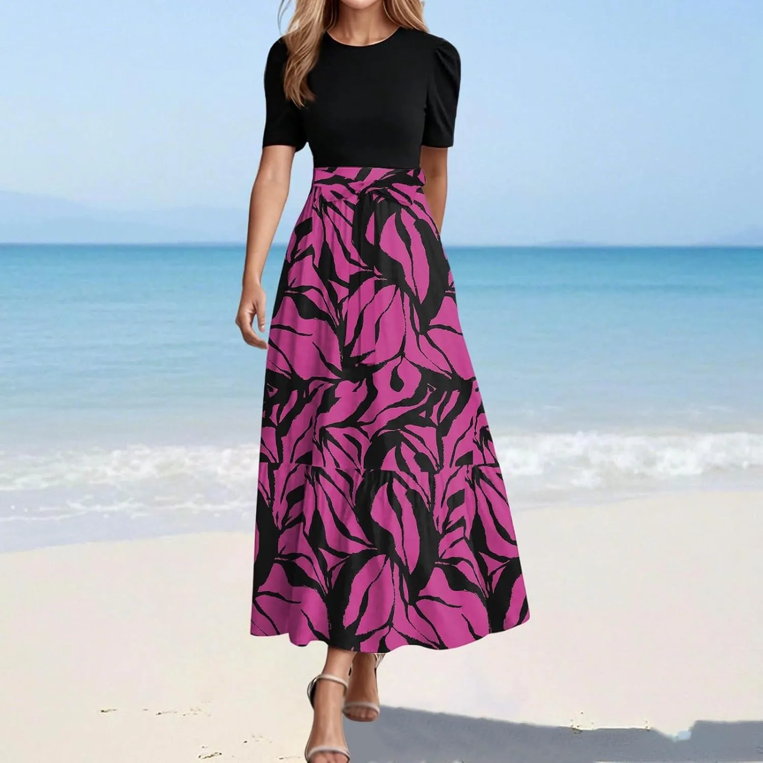 Summer Dresses for Women Tie Belted Patchwork Ruffle Hem A Line Boho Maxi Dress Short Sleeve Crewneck Flowy Long Dress