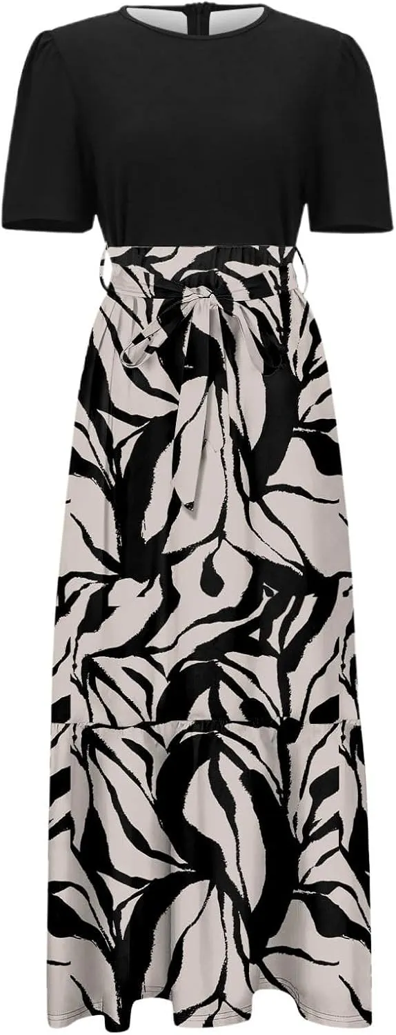 Summer Dresses for Women Tie Belted Patchwork Ruffle Hem A Line Boho Maxi Dress Short Sleeve Crewneck Flowy Long Dress