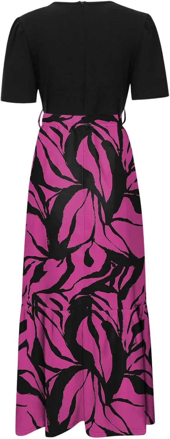 Summer Dresses for Women Tie Belted Patchwork Ruffle Hem A Line Boho Maxi Dress Short Sleeve Crewneck Flowy Long Dress