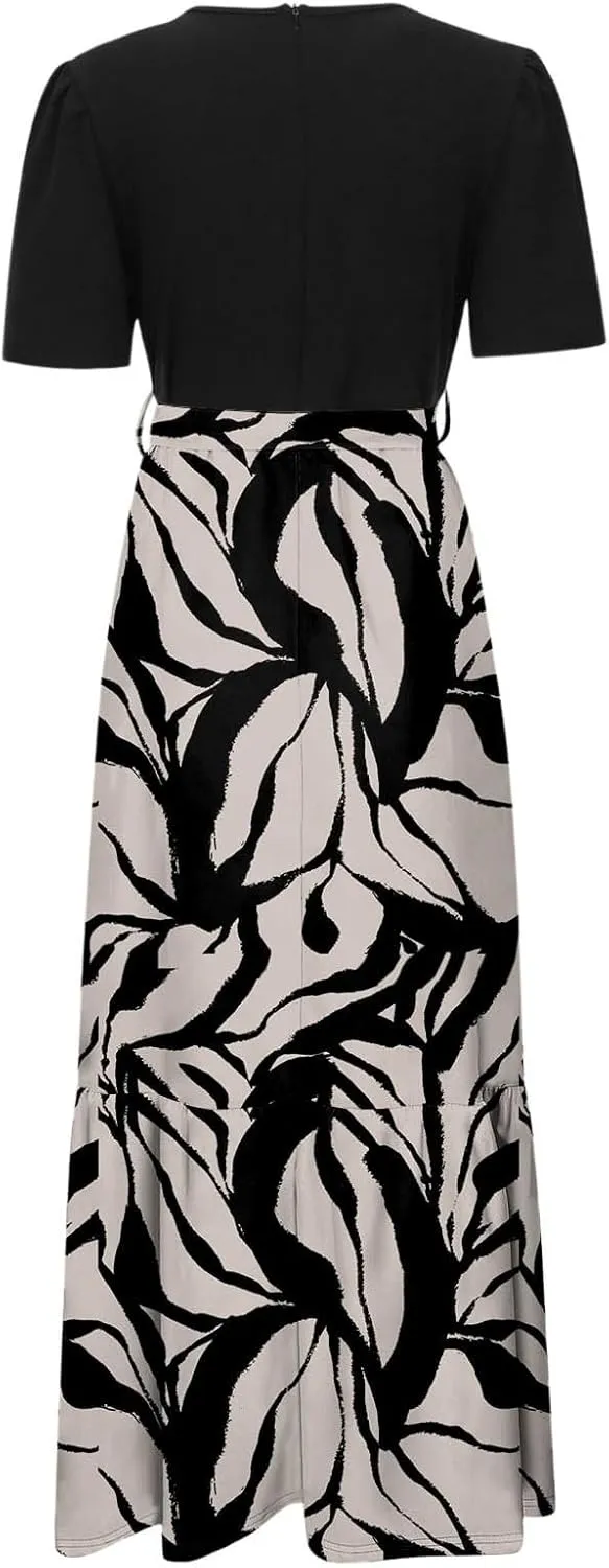 Summer Dresses for Women Tie Belted Patchwork Ruffle Hem A Line Boho Maxi Dress Short Sleeve Crewneck Flowy Long Dress