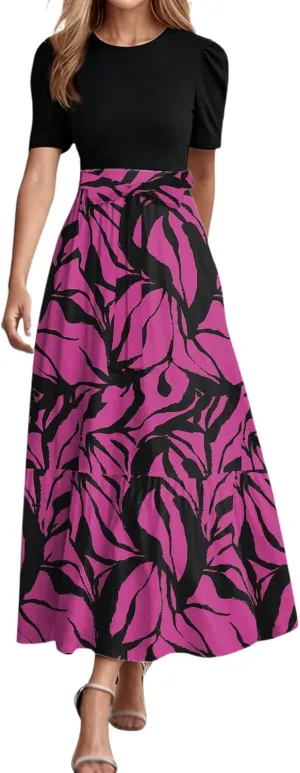 Summer Dresses for Women Tie Belted Patchwork Ruffle Hem A Line Boho Maxi Dress Short Sleeve Crewneck Flowy Long Dress