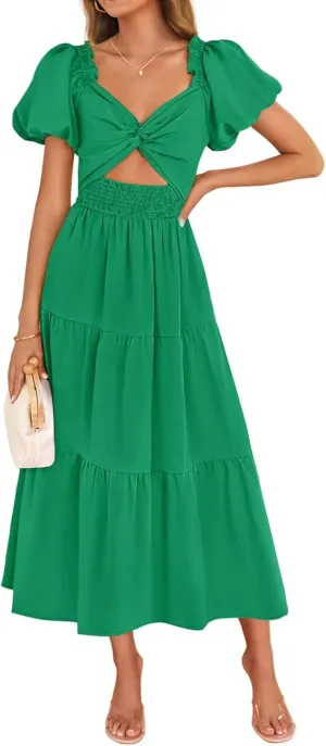 Summer Maxi Smocked Dresses for Women 2025 Vacation Short Puff Sleeve V Neck Cut Out Knot Long Flowy Tiered A Line Dress