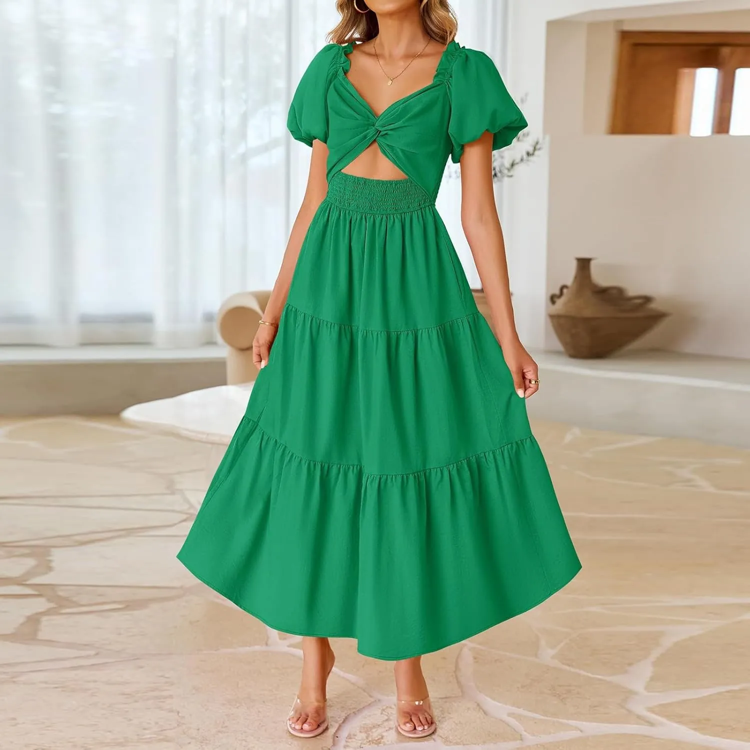 Summer Maxi Smocked Dresses for Women 2025 Vacation Short Puff Sleeve V Neck Cut Out Knot Long Flowy Tiered A Line Dress