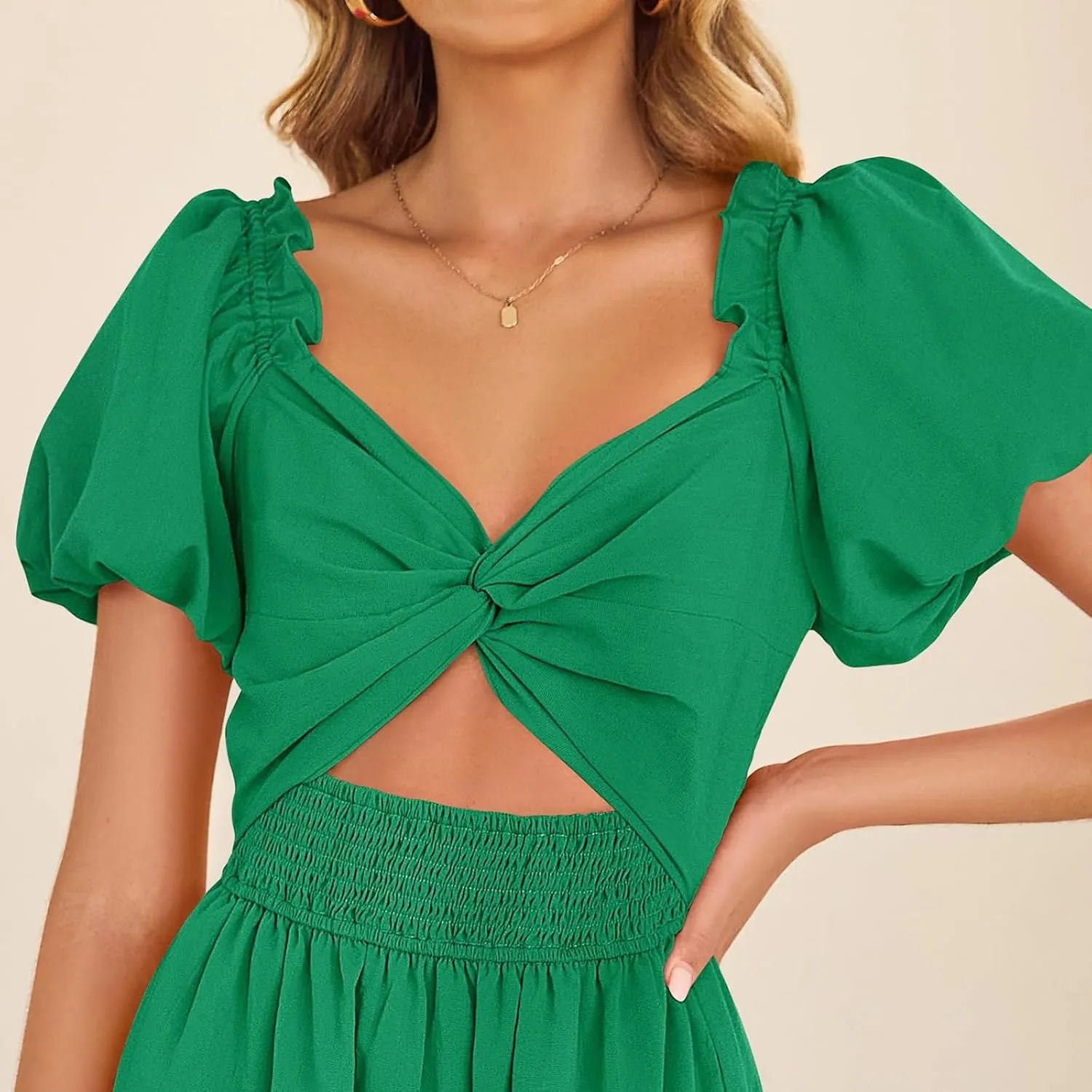 Summer Maxi Smocked Dresses for Women 2025 Vacation Short Puff Sleeve V Neck Cut Out Knot Long Flowy Tiered A Line Dress