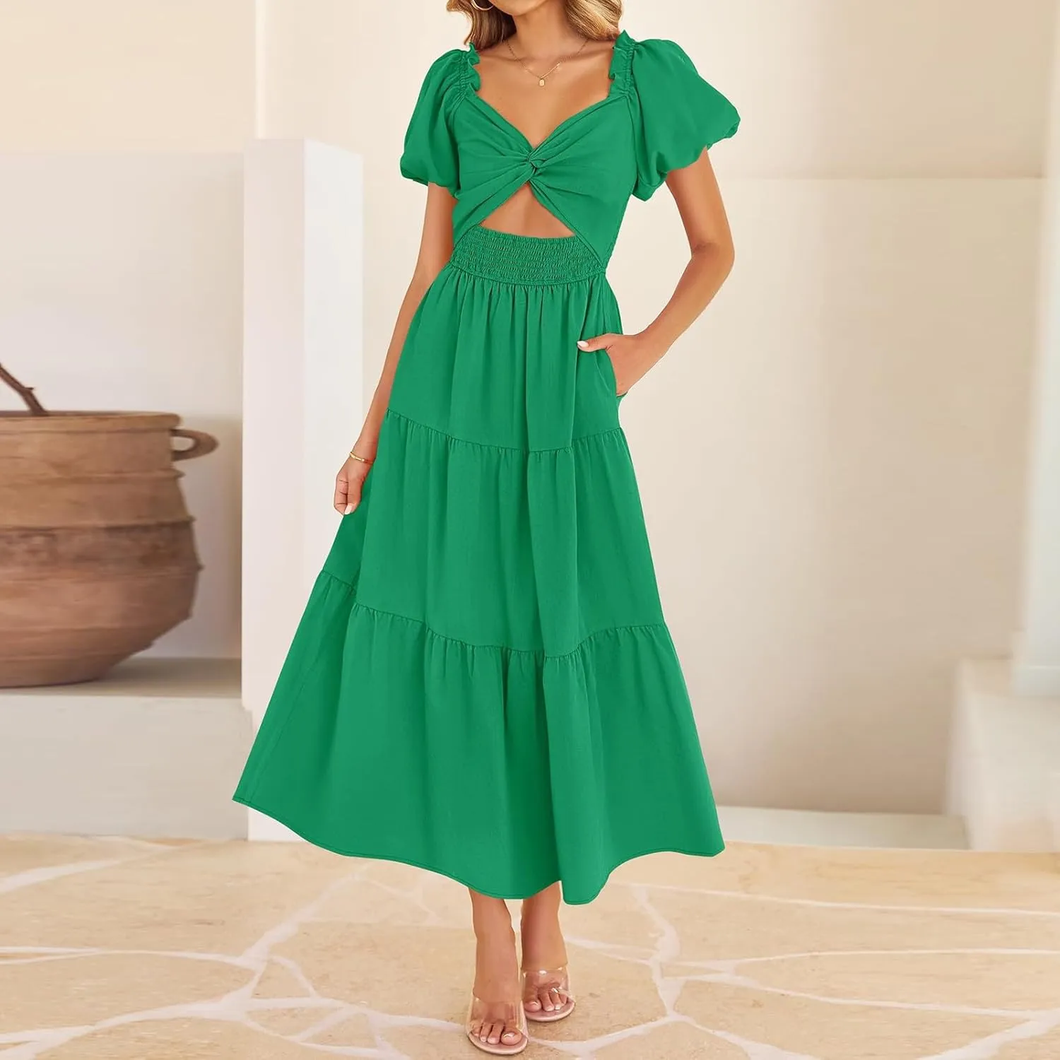 Summer Maxi Smocked Dresses for Women 2025 Vacation Short Puff Sleeve V Neck Cut Out Knot Long Flowy Tiered A Line Dress