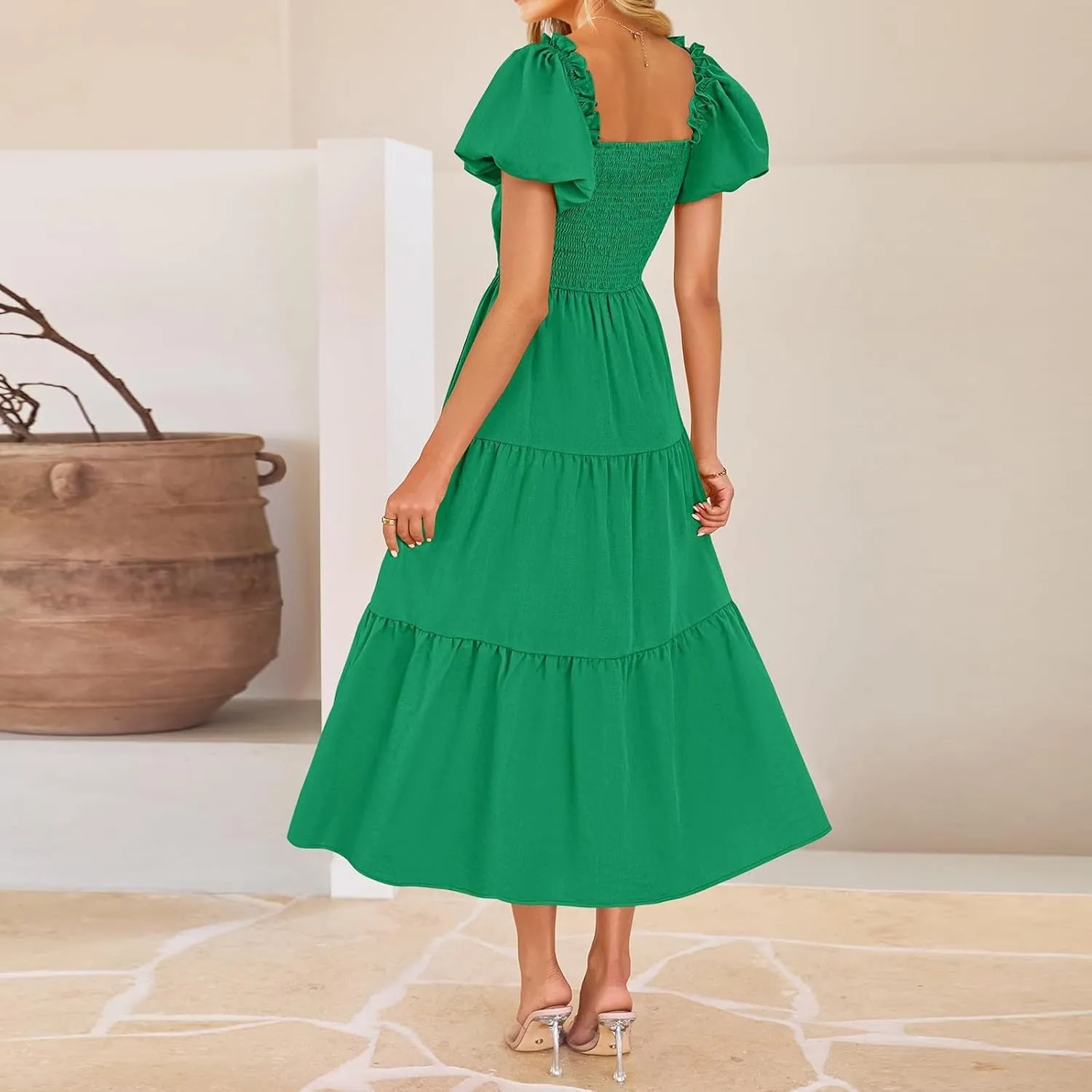 Summer Maxi Smocked Dresses for Women 2025 Vacation Short Puff Sleeve V Neck Cut Out Knot Long Flowy Tiered A Line Dress
