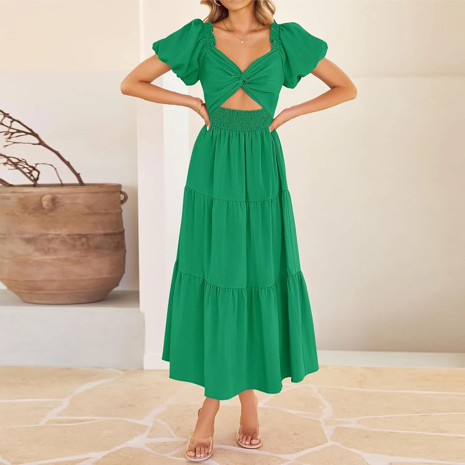 Summer Maxi Smocked Dresses for Women 2025 Vacation Short Puff Sleeve V Neck Cut Out Knot Long Flowy Tiered A Line Dress