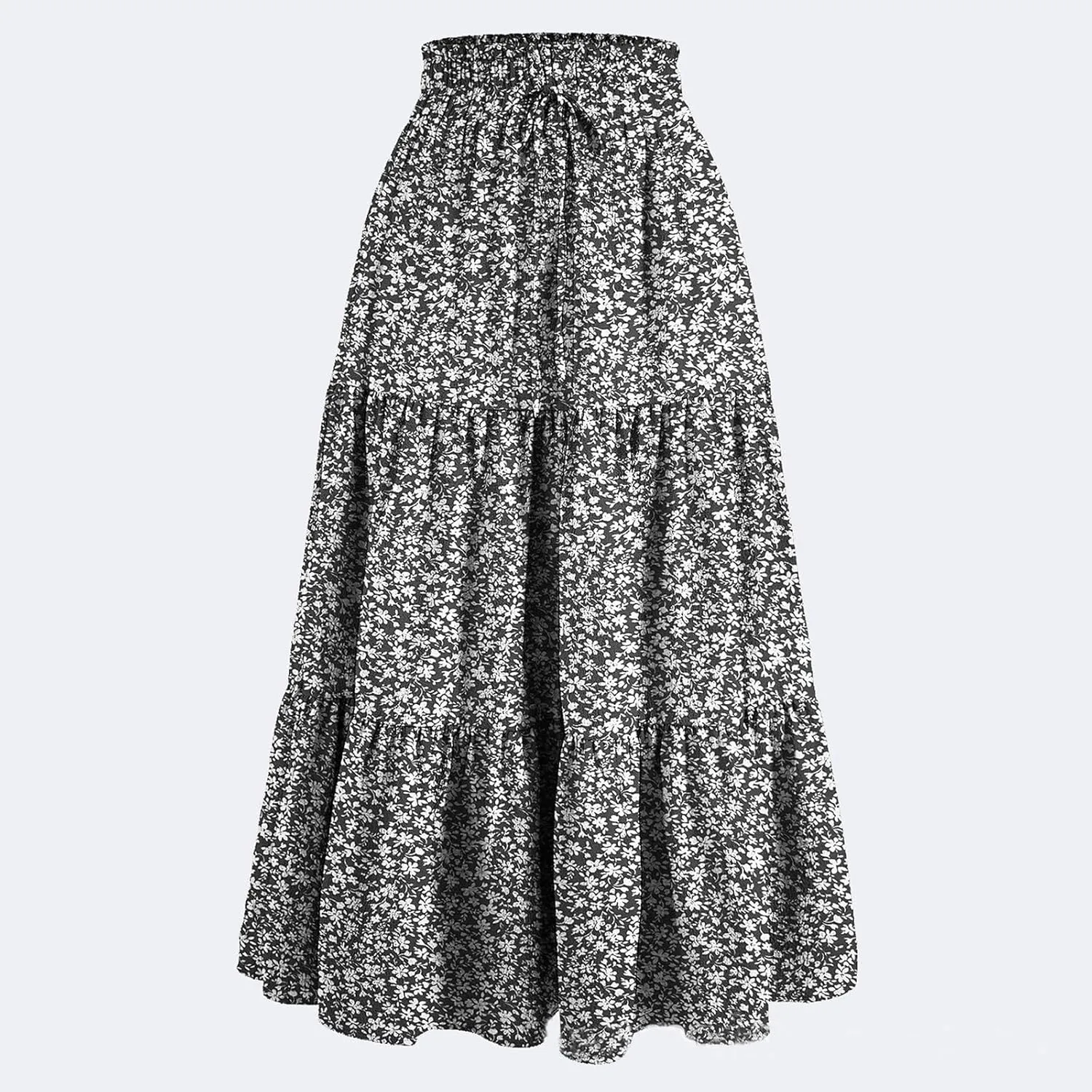 Summer Midi Skirts for Women High Elastic Waist Tie Front Floral Print Boho Beach Flowy Frilly Tiered Ruffle Skirt