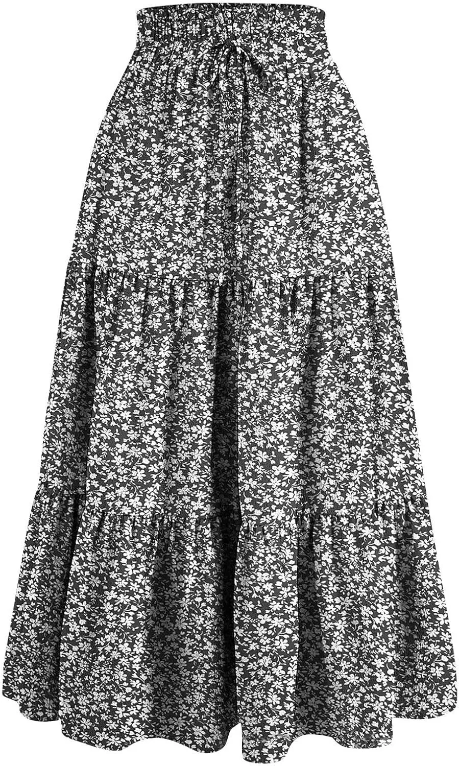 Summer Midi Skirts for Women High Elastic Waist Tie Front Floral Print Boho Beach Flowy Frilly Tiered Ruffle Skirt