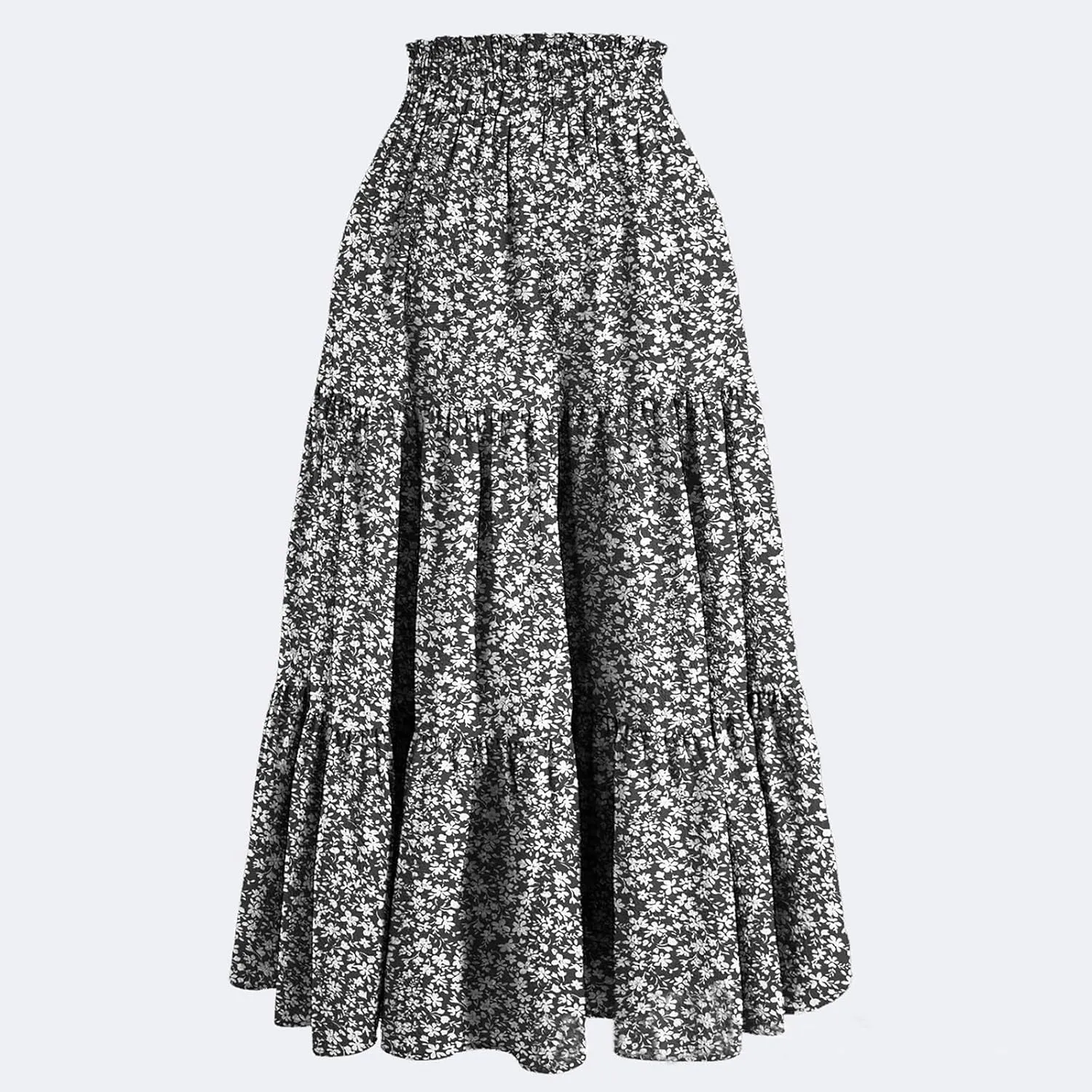 Summer Midi Skirts for Women High Elastic Waist Tie Front Floral Print Boho Beach Flowy Frilly Tiered Ruffle Skirt