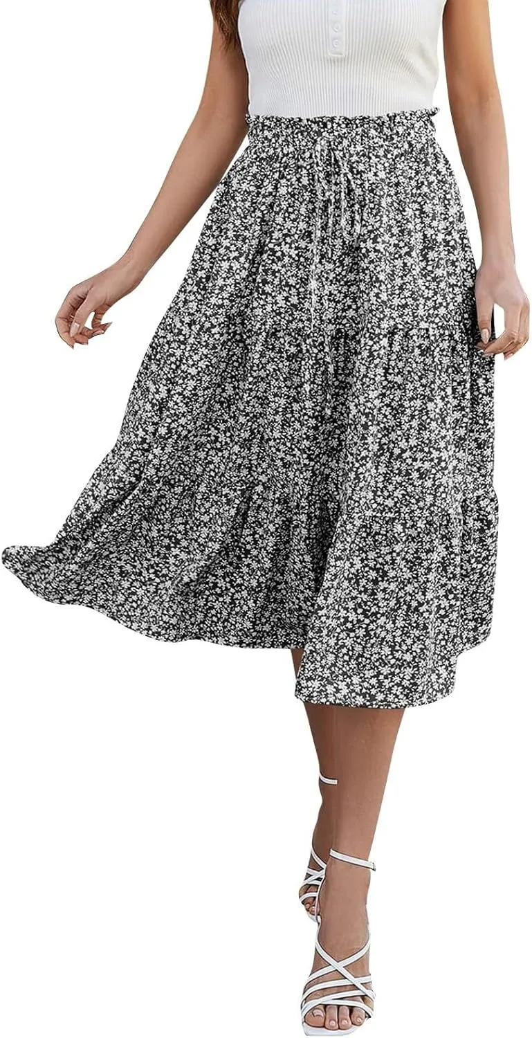 Summer Midi Skirts for Women High Elastic Waist Tie Front Floral Print Boho Beach Flowy Frilly Tiered Ruffle Skirt