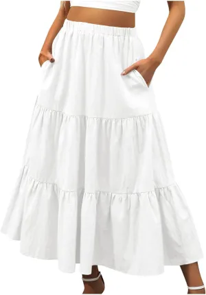 Summer Ruffle Skirt Women A Line Boho Skirt Flowy Long Skirt with Pocket Elastic Waist Beach Skirt Pleated Maxi Skirt