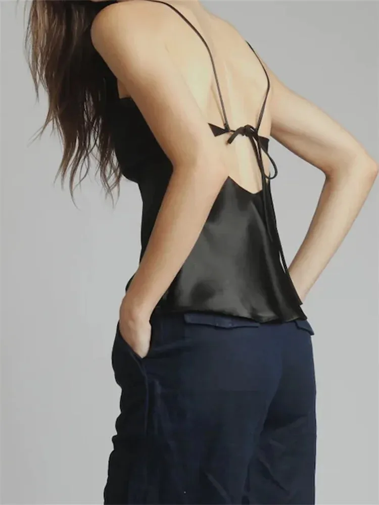 Summer Spaghetti Strap Backless Mesh Ruffles Patchwork Solid Color Clubwear Cami Top 2024