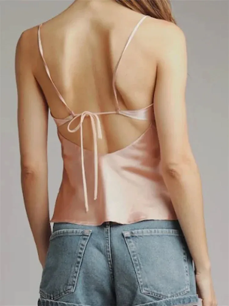 Summer Spaghetti Strap Backless Mesh Ruffles Patchwork Solid Color Clubwear Cami Top 2024