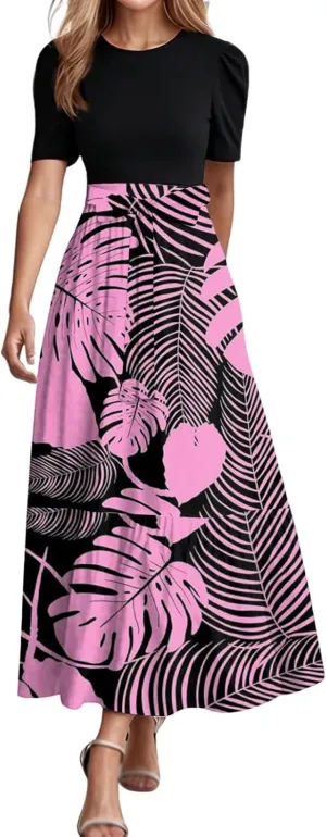 Summer Tie Belted Dresses for Women 2025 Short Sleeve Crewneck Flowy Patchwork Ruffle Hem A Line Boho Dress