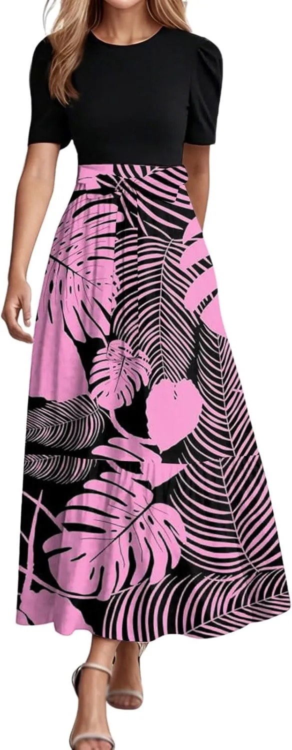 Summer Tie Belted Dresses for Women 2025 Short Sleeve Crewneck Flowy Patchwork Ruffle Hem A Line Boho Dress