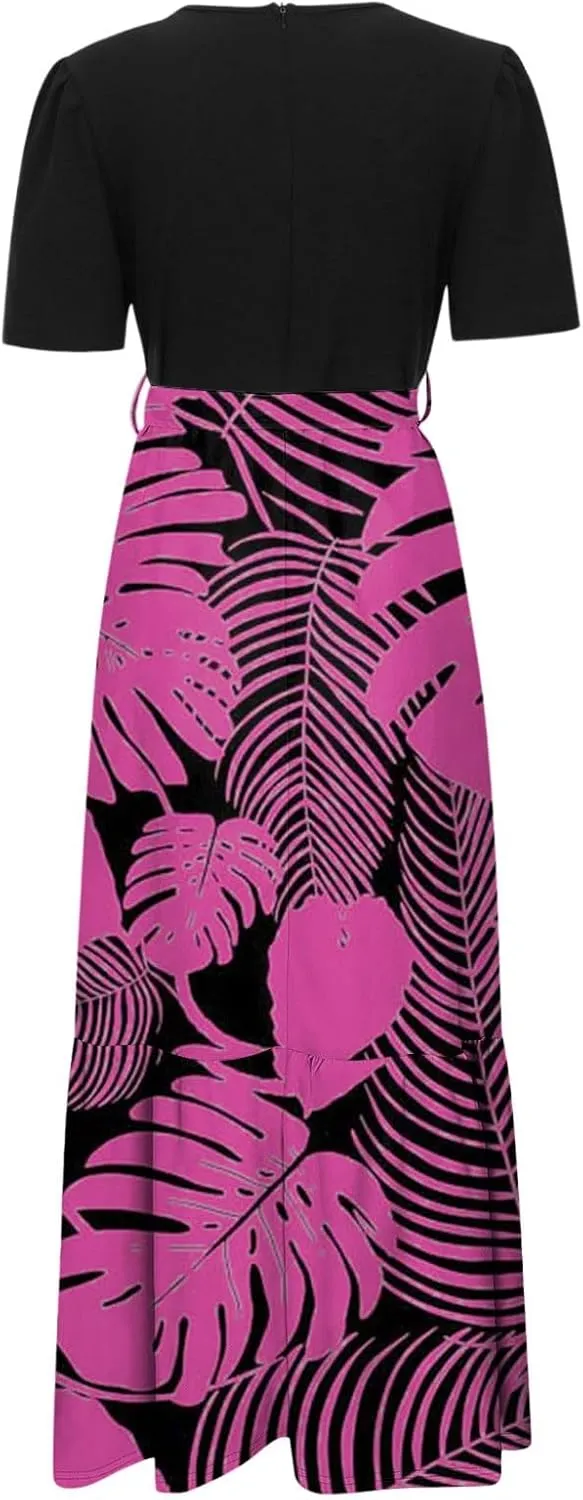 Summer Tie Belted Dresses for Women 2025 Short Sleeve Crewneck Flowy Patchwork Ruffle Hem A Line Boho Dress