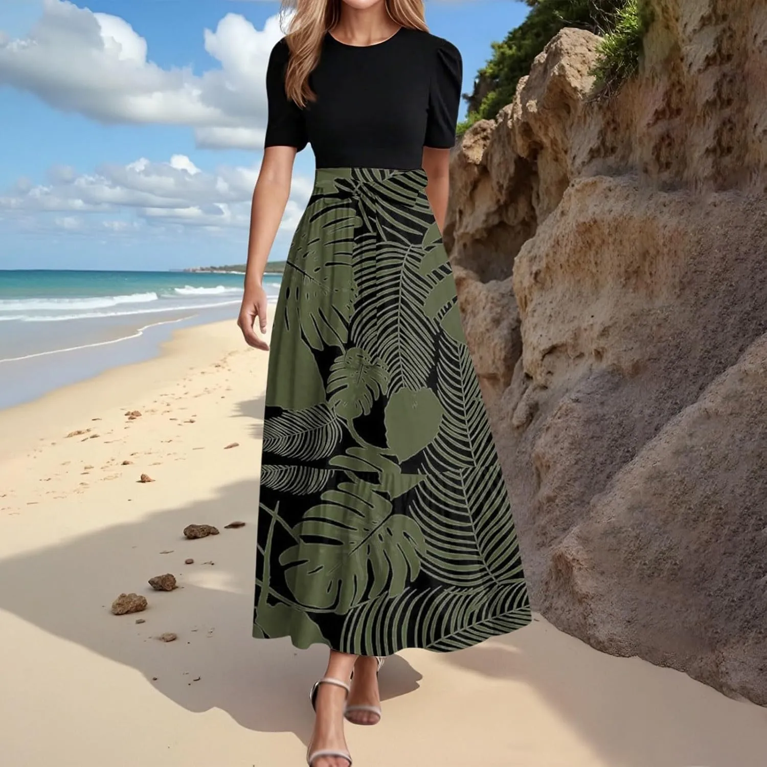 Summer Tie Belted Dresses for Women 2025 Short Sleeve Crewneck Flowy Patchwork Ruffle Hem A Line Boho Dress