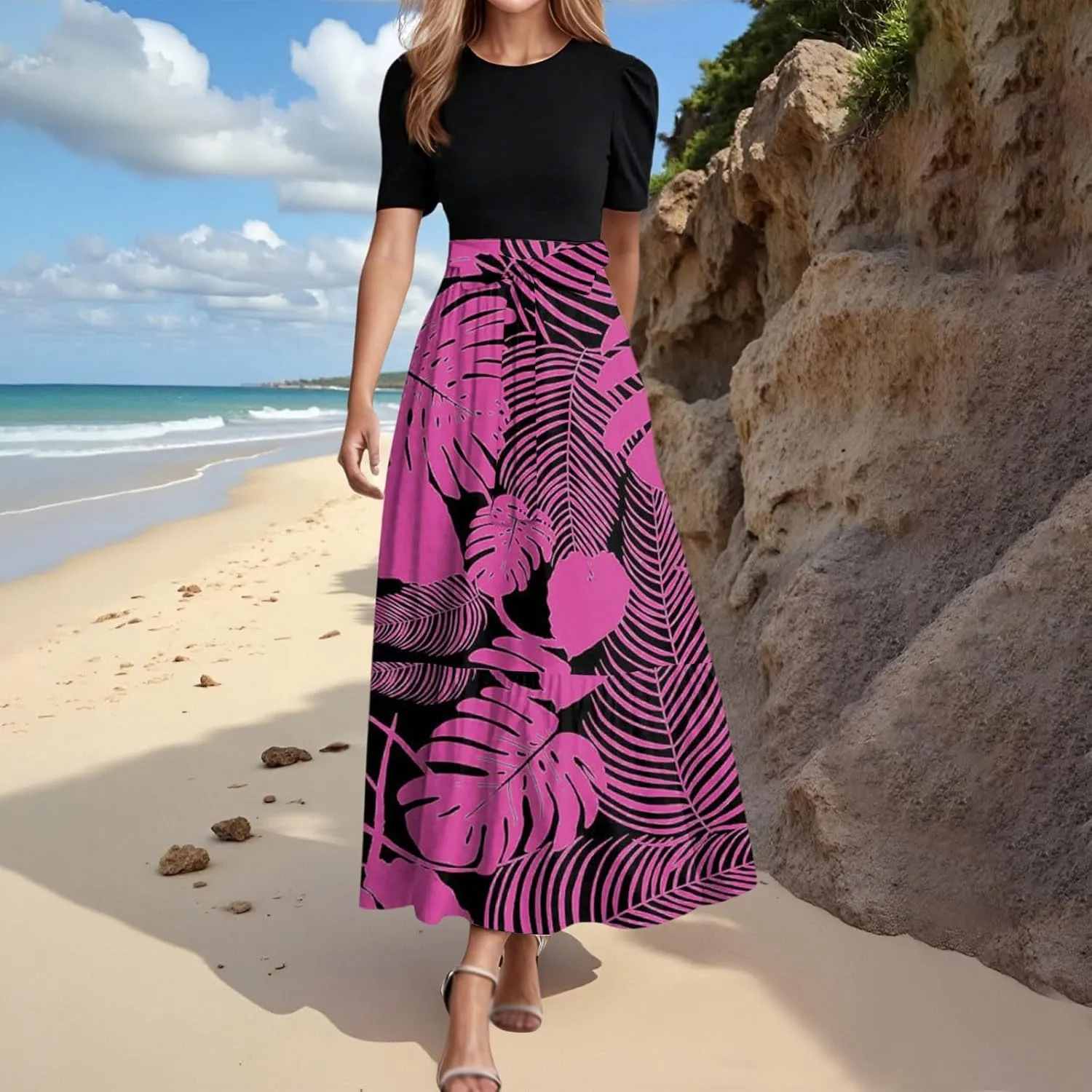 Summer Tie Belted Dresses for Women 2025 Short Sleeve Crewneck Flowy Patchwork Ruffle Hem A Line Boho Dress