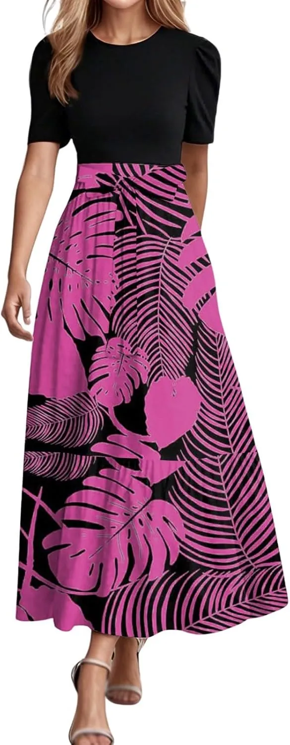 Summer Tie Belted Dresses for Women 2025 Short Sleeve Crewneck Flowy Patchwork Ruffle Hem A Line Boho Dress