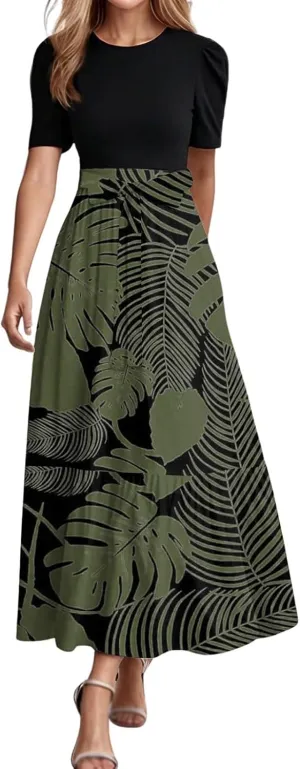 Summer Tie Belted Dresses for Women 2025 Short Sleeve Crewneck Flowy Patchwork Ruffle Hem A Line Boho Dress