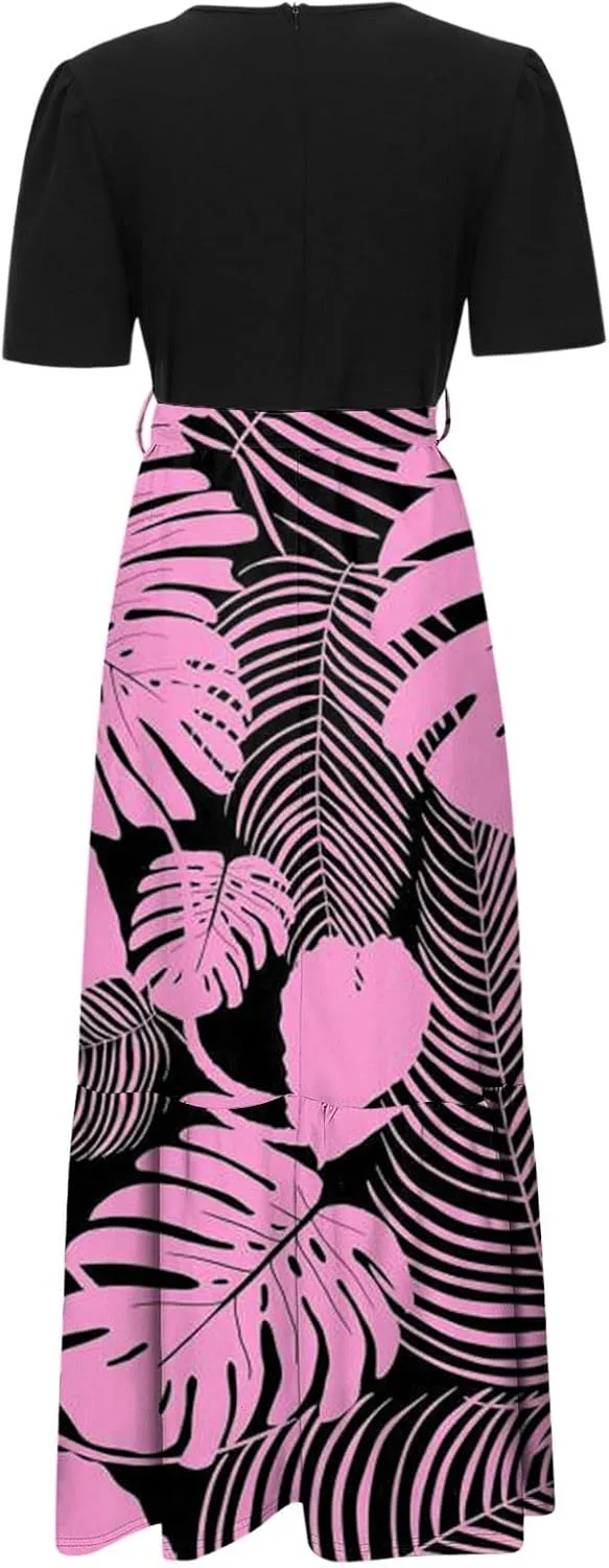 Summer Tie Belted Dresses for Women 2025 Short Sleeve Crewneck Flowy Patchwork Ruffle Hem A Line Boho Dress
