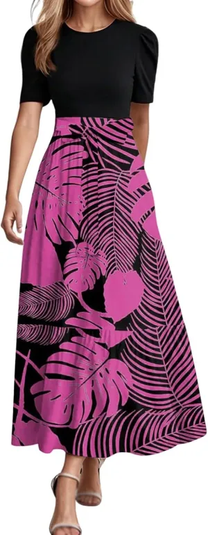 Summer Tie Belted Dresses for Women 2025 Short Sleeve Crewneck Flowy Patchwork Ruffle Hem A Line Boho Dress