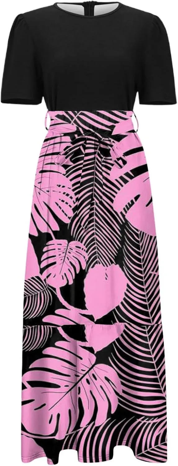 Summer Tie Belted Dresses for Women 2025 Short Sleeve Crewneck Flowy Patchwork Ruffle Hem A Line Boho Dress