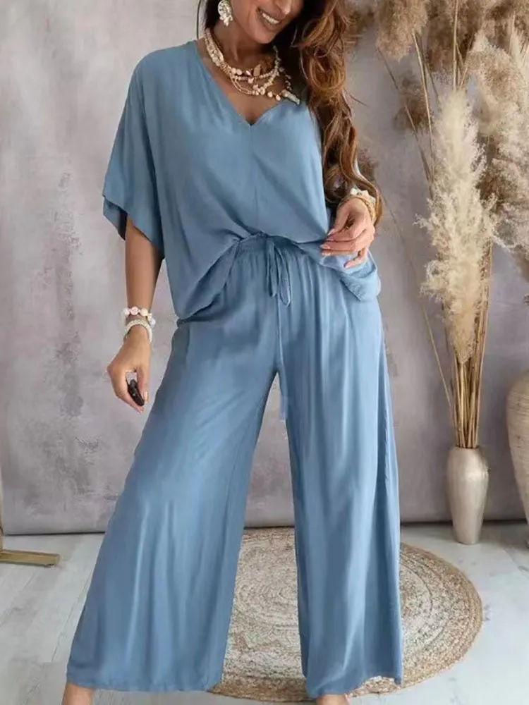 Summer V-Neck Bat Sleeve 2-Piece Set