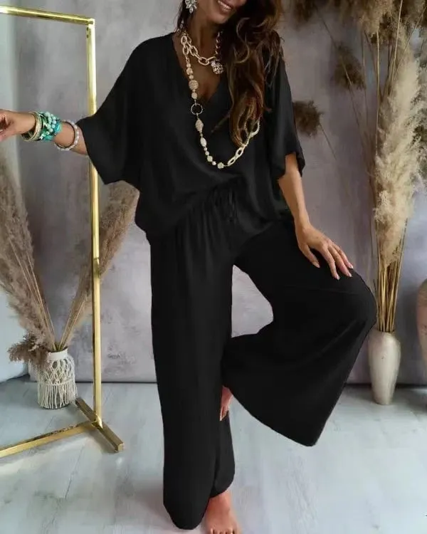 Summer V-Neck Bat Sleeve 2-Piece Set