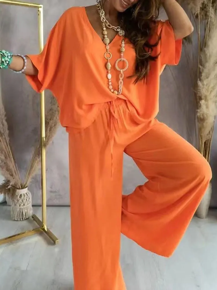 Summer V-Neck Bat Sleeve 2-Piece Set
