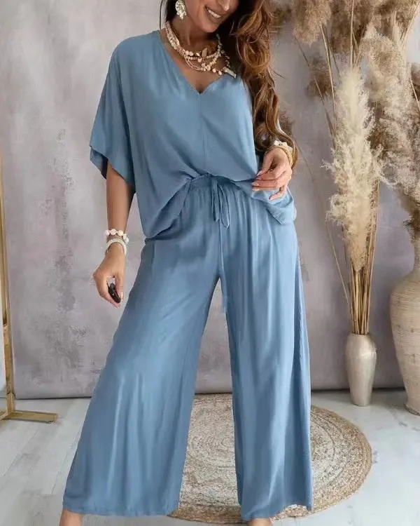Summer V-Neck Bat Sleeve 2-Piece Set