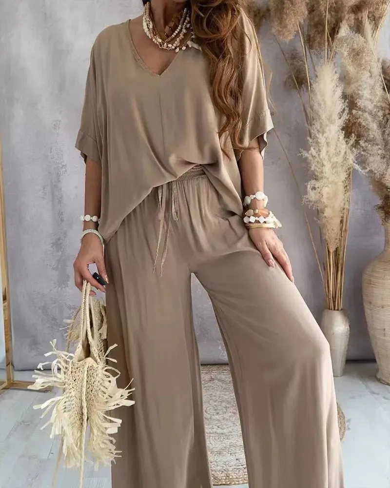 Summer V-Neck Bat Sleeve 2-Piece Set
