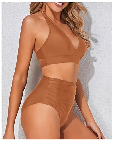 Summery Halter Two Piece High Waisted Bikini Set-Brown