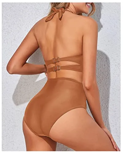 Summery Halter Two Piece High Waisted Bikini Set-Brown