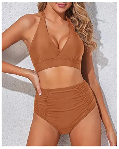 Summery Halter Two Piece High Waisted Bikini Set-Brown