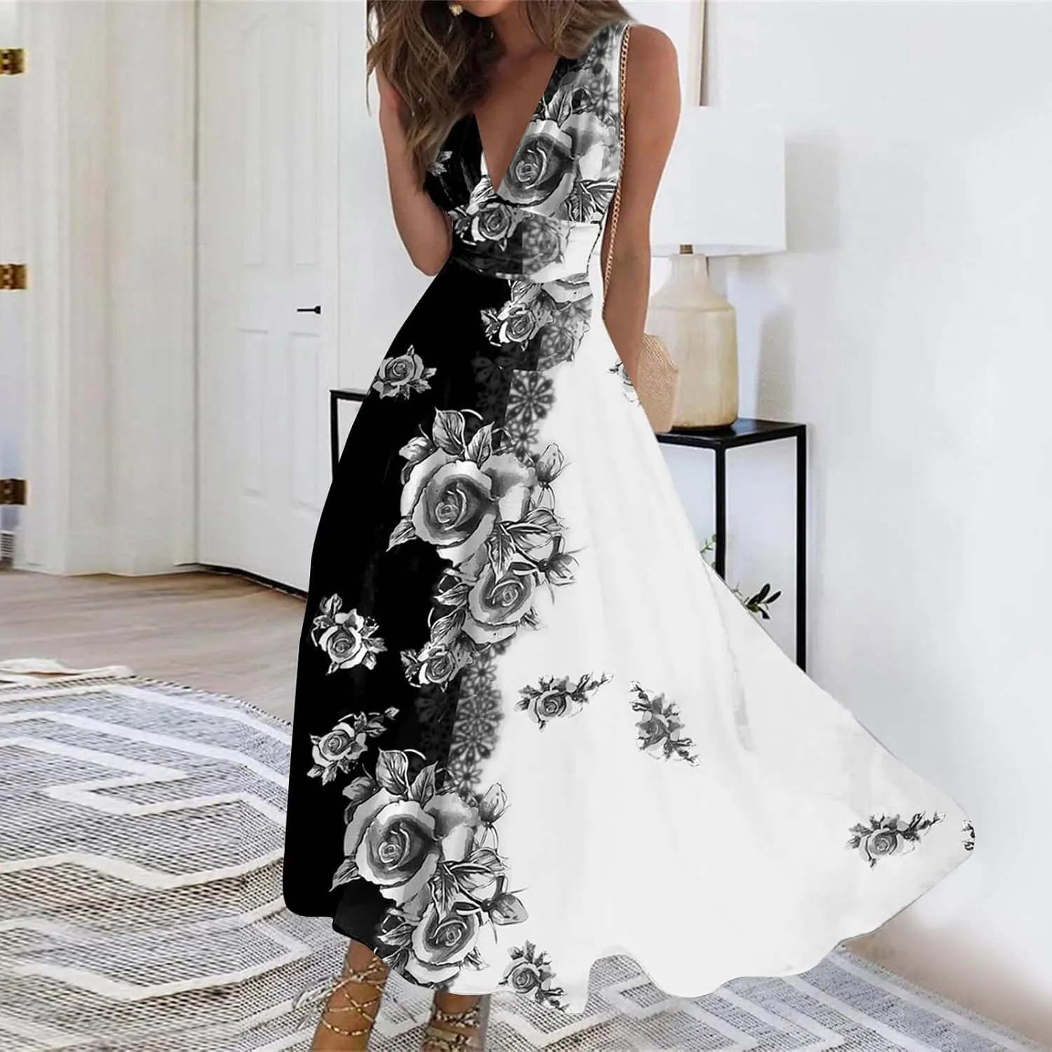 Sundresses for Women 2025 Casual High Waist V Neck Sleeveless Summer Dresses Trendy Floral Pleated Maxi Dresses