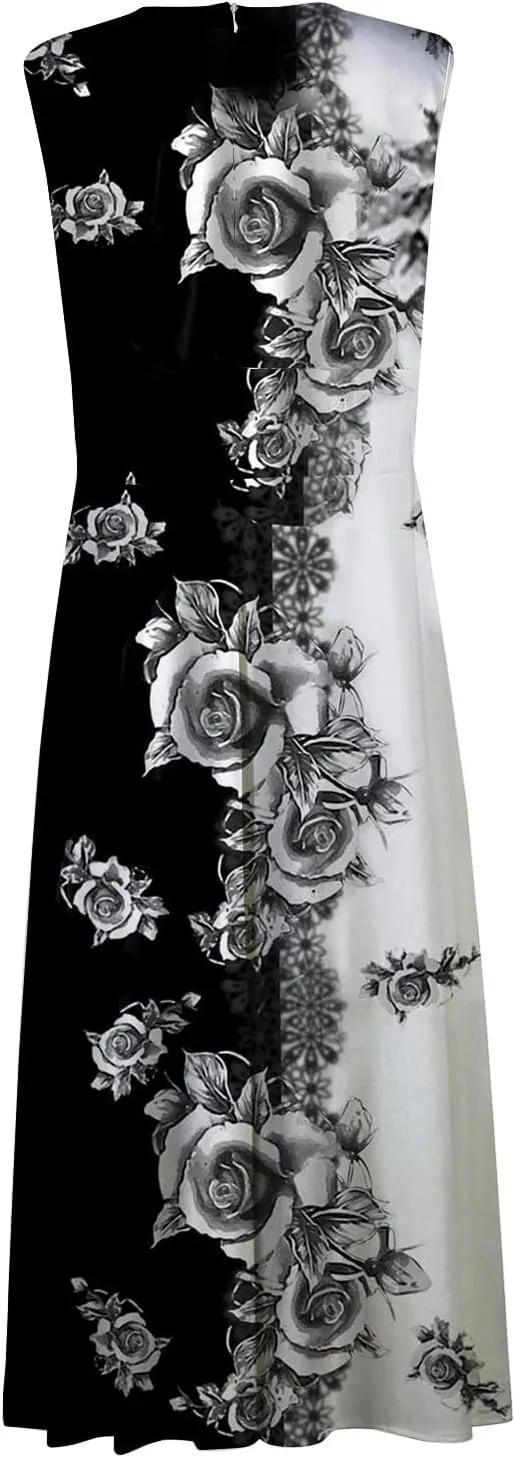 Sundresses for Women 2025 Casual High Waist V Neck Sleeveless Summer Dresses Trendy Floral Pleated Maxi Dresses