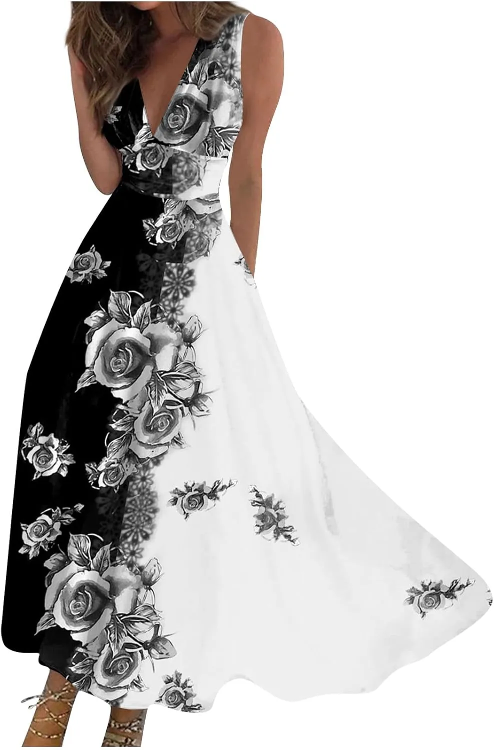 Sundresses for Women 2025 Casual High Waist V Neck Sleeveless Summer Dresses Trendy Floral Pleated Maxi Dresses