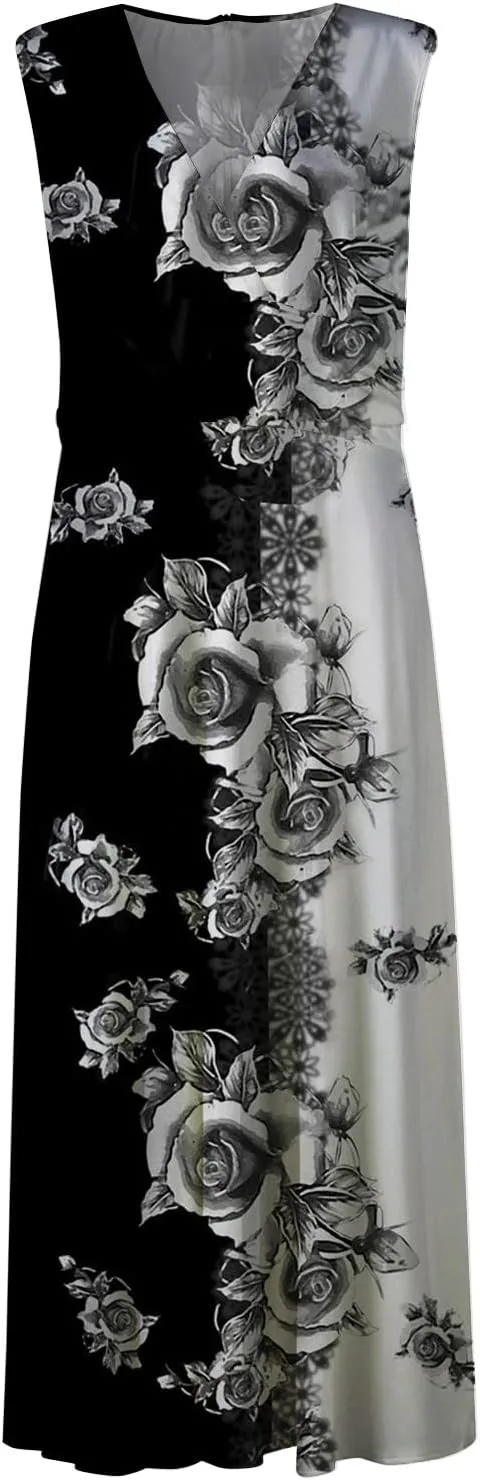 Sundresses for Women 2025 Casual High Waist V Neck Sleeveless Summer Dresses Trendy Floral Pleated Maxi Dresses