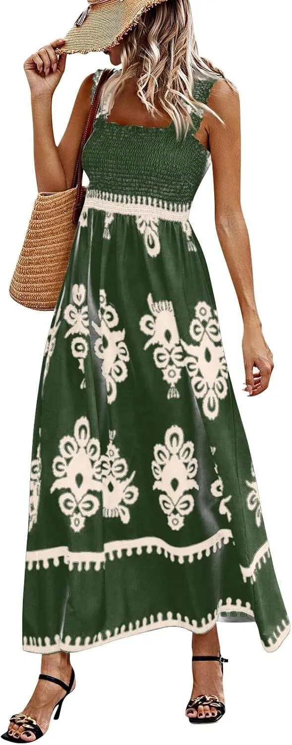 Sundresses for Women,2025 Summer Trendy Floral Smocked Maxi Dress,Sleeveless Square Neck Flowy Boho Vacation Dress