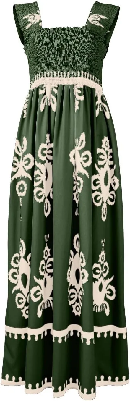 Sundresses for Women,2025 Summer Trendy Floral Smocked Maxi Dress,Sleeveless Square Neck Flowy Boho Vacation Dress