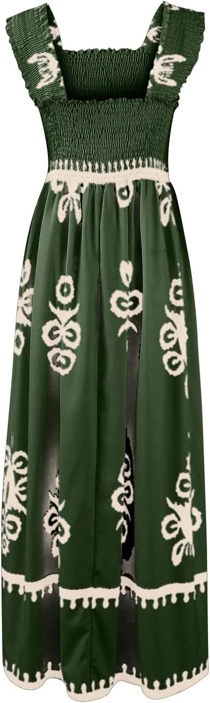 Sundresses for Women,2025 Summer Trendy Floral Smocked Maxi Dress,Sleeveless Square Neck Flowy Boho Vacation Dress