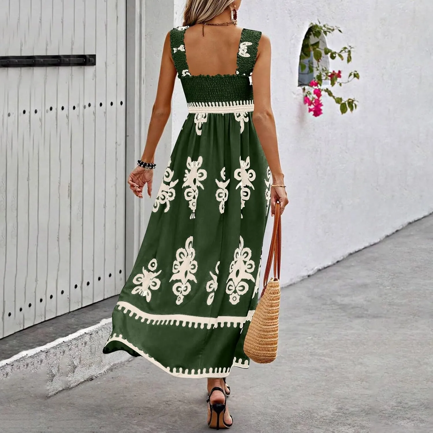 Sundresses for Women,2025 Summer Trendy Floral Smocked Maxi Dress,Sleeveless Square Neck Flowy Boho Vacation Dress