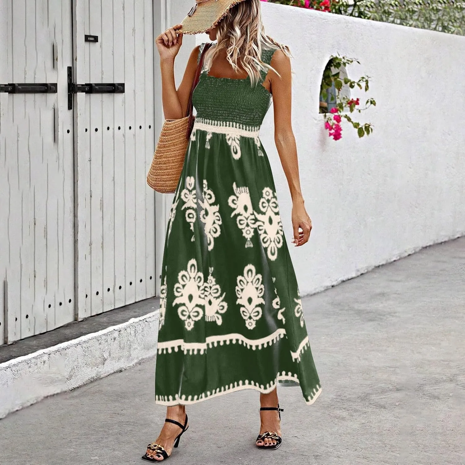 Sundresses for Women,2025 Summer Trendy Floral Smocked Maxi Dress,Sleeveless Square Neck Flowy Boho Vacation Dress