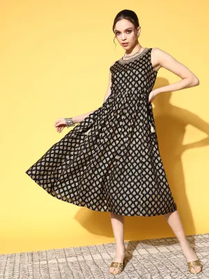 Sunehri Women's Cotton Black & Gold Foil Printed A-Line Dress